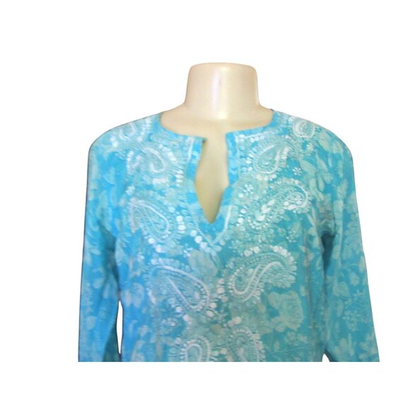 Amaya Blue w White Roses Silk Crepe Tunic Blouse Size Small - Picture 2 of 7